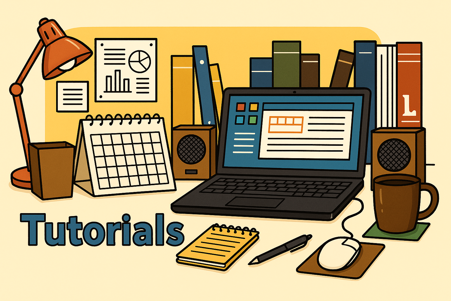A workspace with a laptop books and stationery labeled "Tutorials