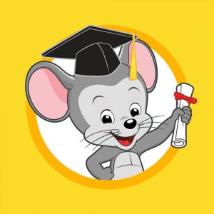 A cheerful cartoon mouse wearing a graduation cap and holding a diploma