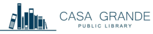 Casa Grande Public Library logo with books and a phone illustration