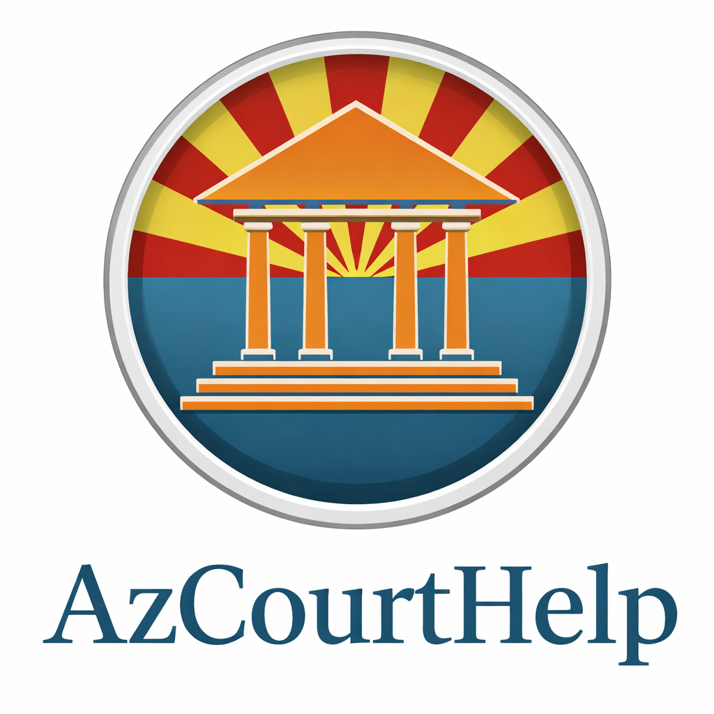 Logo featuring a courthouse with a sunburst background and "AzCourtHelp" text