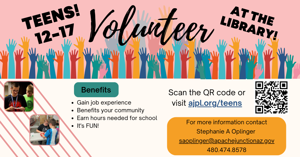 Teen volunteer flyer (1200 x 628 px) Teen volunteer flyer promoting library opportunities for ages 12-17