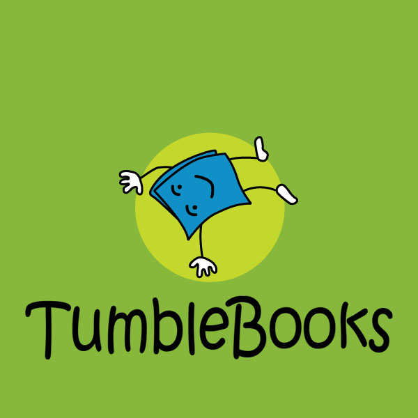 Cartoon book character with arms and legs, TumbleBooks logo