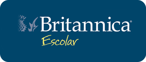 Britannica Escolar logo with a blue background and yellow text