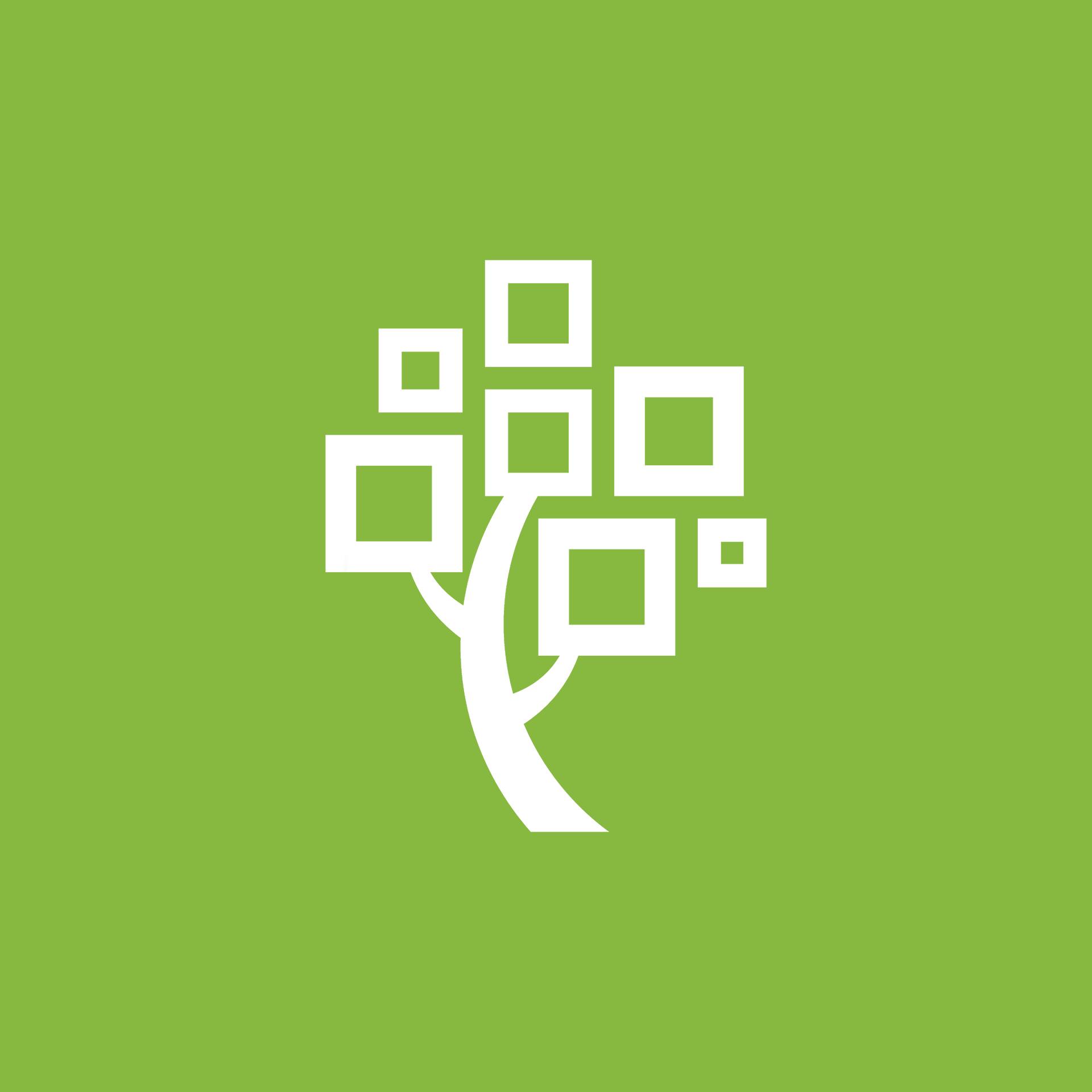 White tree logo with square leaves on a green background