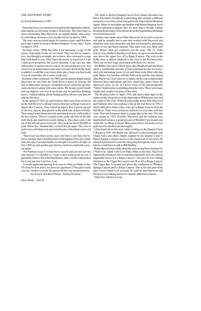 A letter discussing Silas Haywood's gold prospecting story and maps