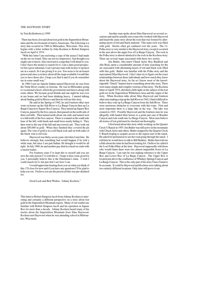 A letter discussing lost gold in the Superstition Mountains