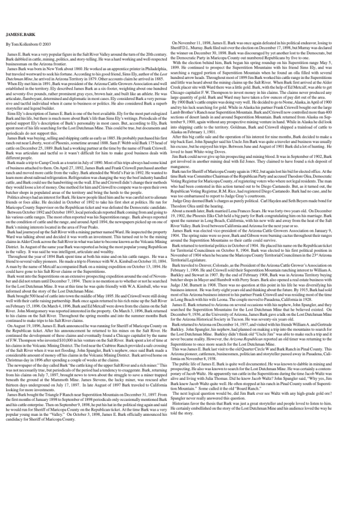 A historical document detailing James E. Bark's life and career