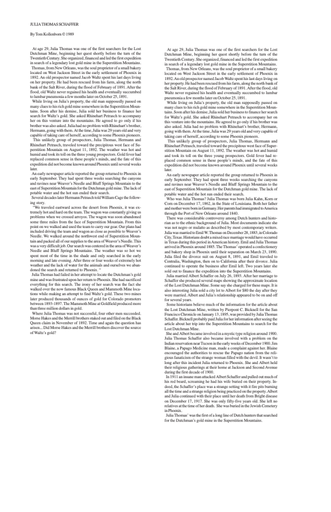 Text about Julia Thomas Schaffer and her search for the Lost Dutchman Mine