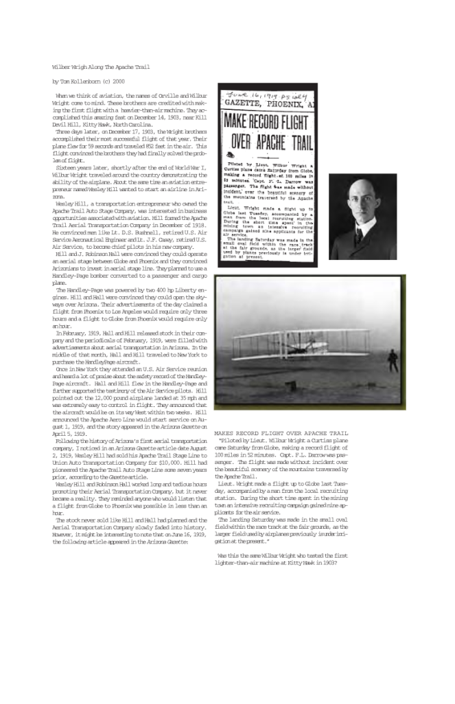Historical article about Wilbur Wright's record flight over Apache Trail