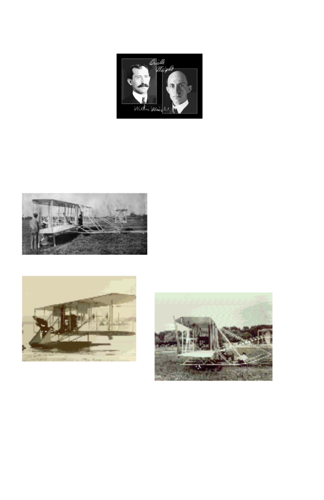 Portraits of Wilbur and Orville Wright with early aircraft images