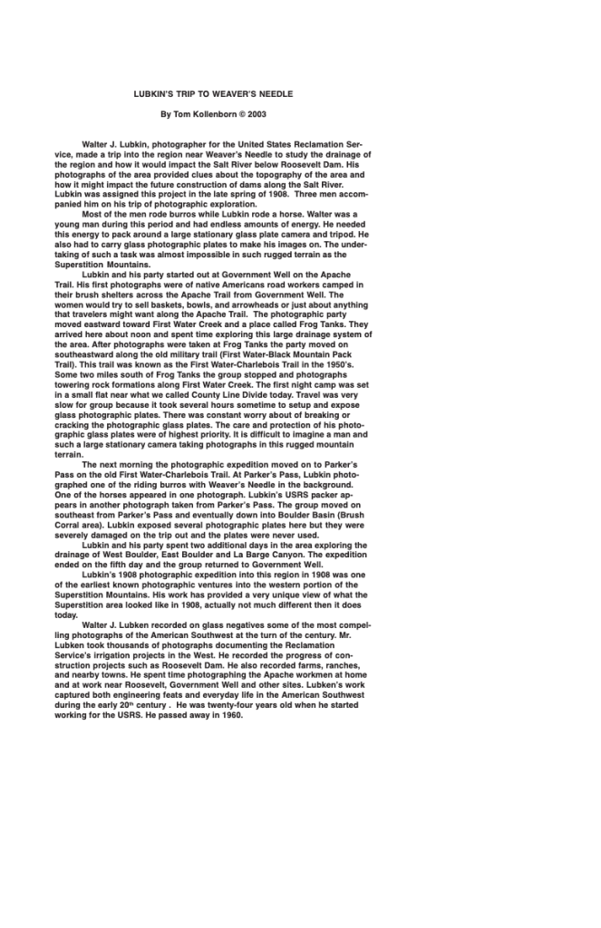 Text document detailing Walter J. Lubkin's photographic expedition in 1908