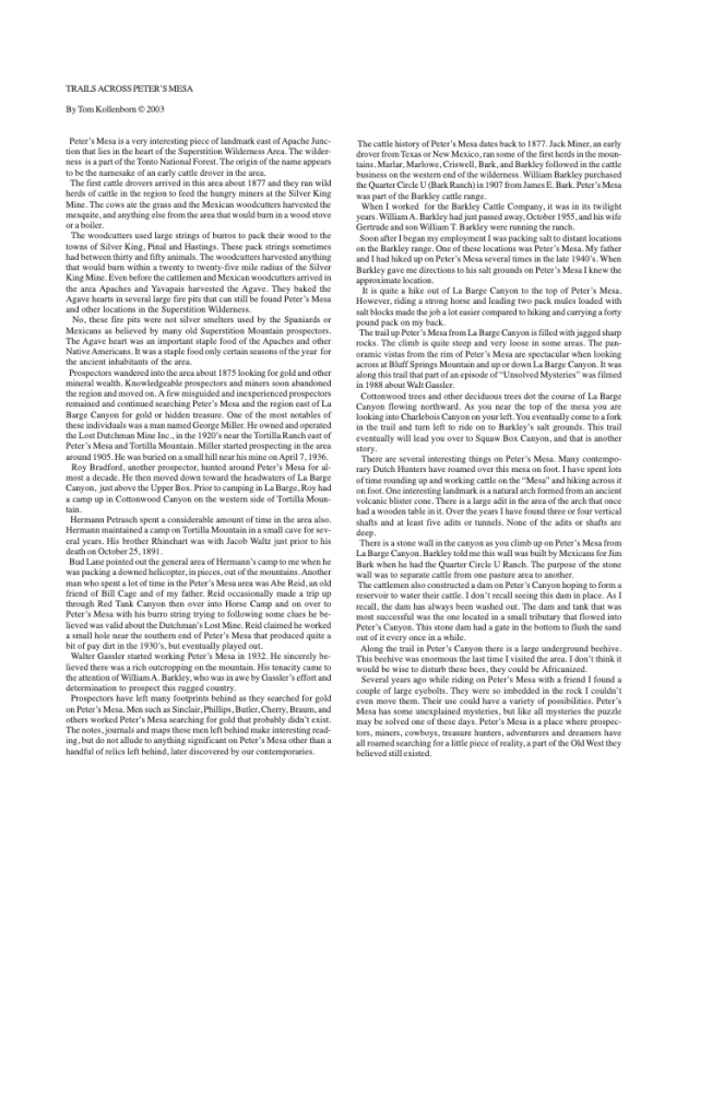 Text discussing the history and exploration of Peter's Mesa in Arizona