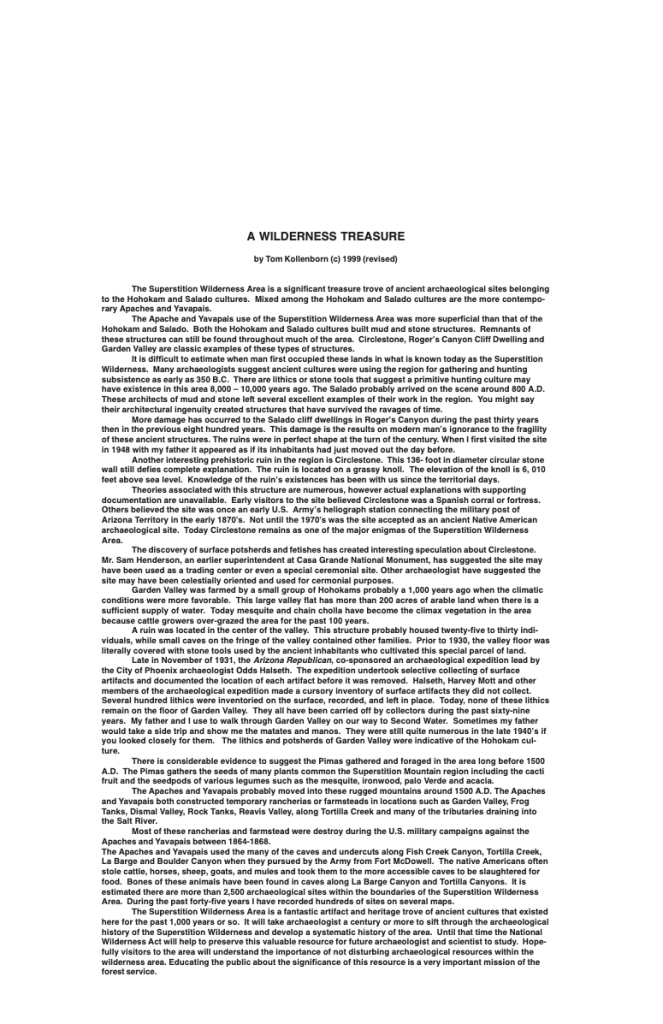 Text discussing the archaeological significance of the Superstition Wilderness Area
