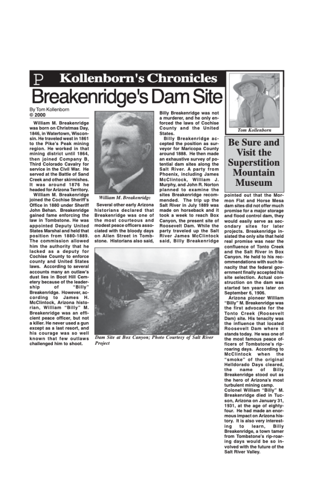 Article discussing William M. Breakenridge's contributions to Arizona's dam projects