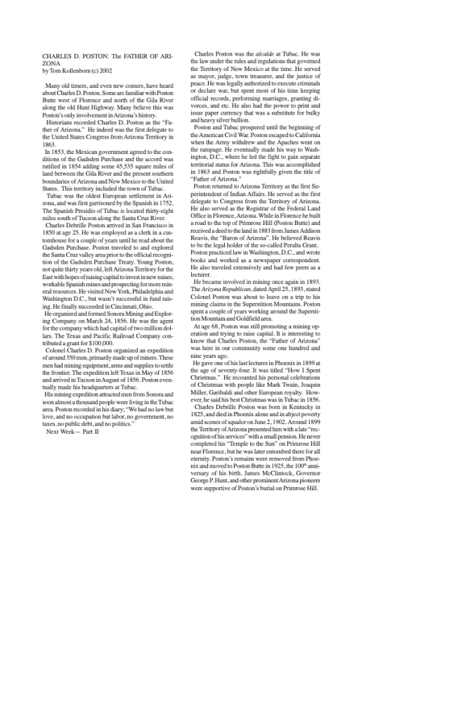 Text discussing Charles D. Poston the "Father of Arizona " and his contributions
