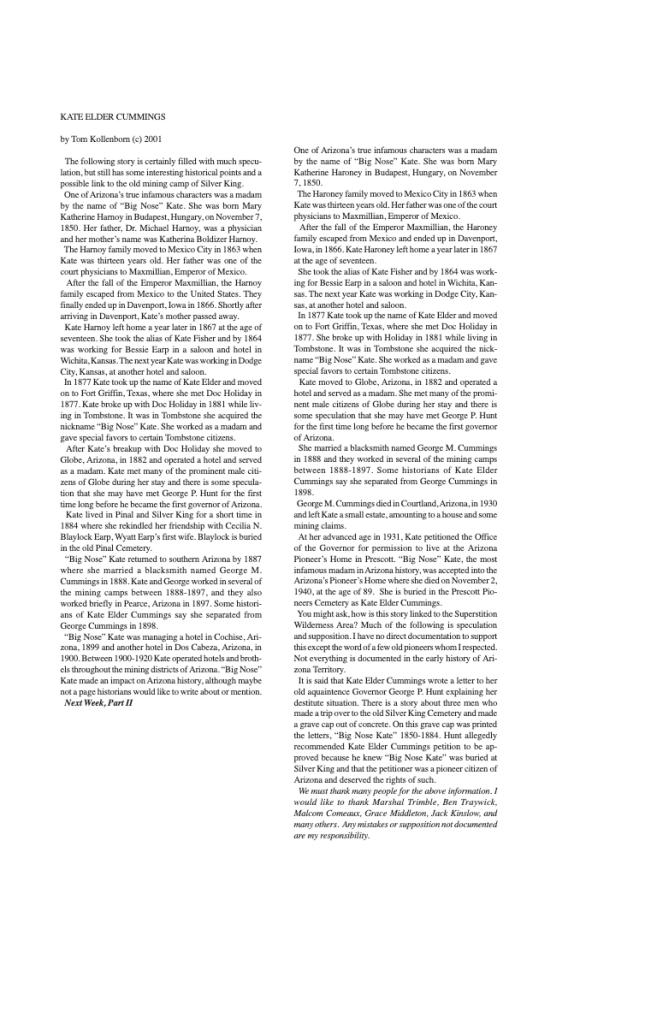 Historical text discussing the life of Kate Elder Cummings