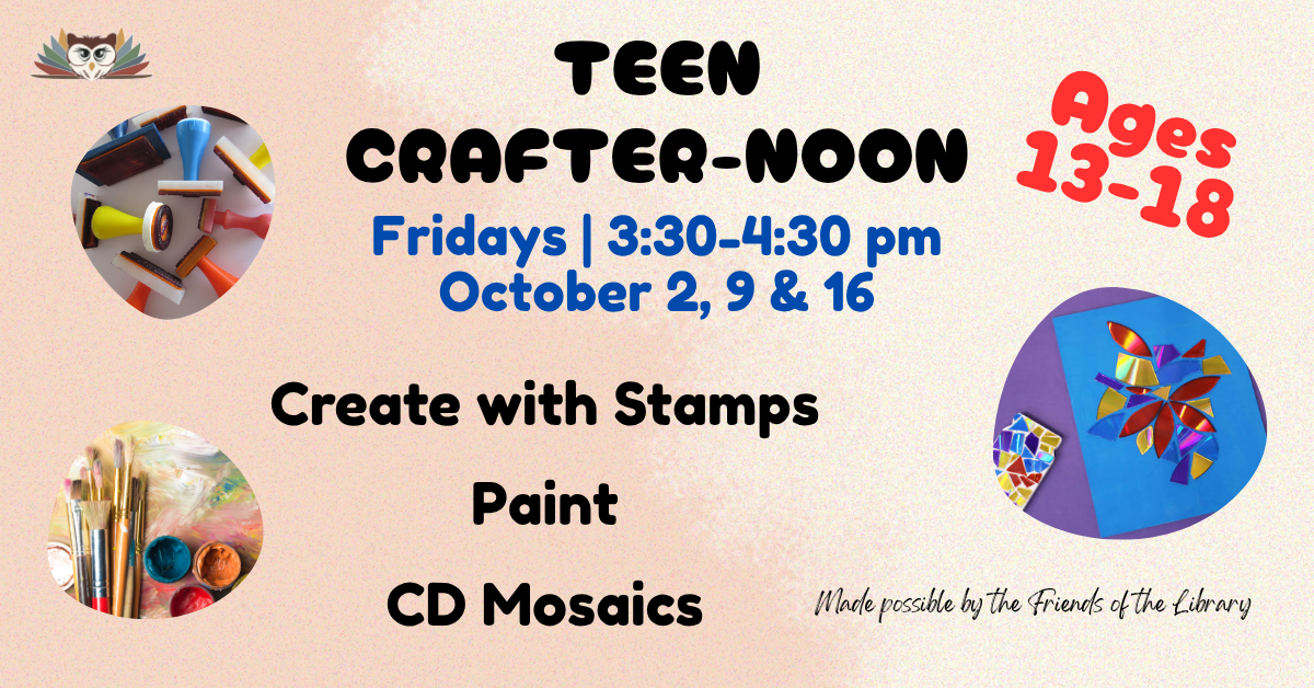 CrafterNoon Teen crafter-noon event details with art supplies and activities listed
