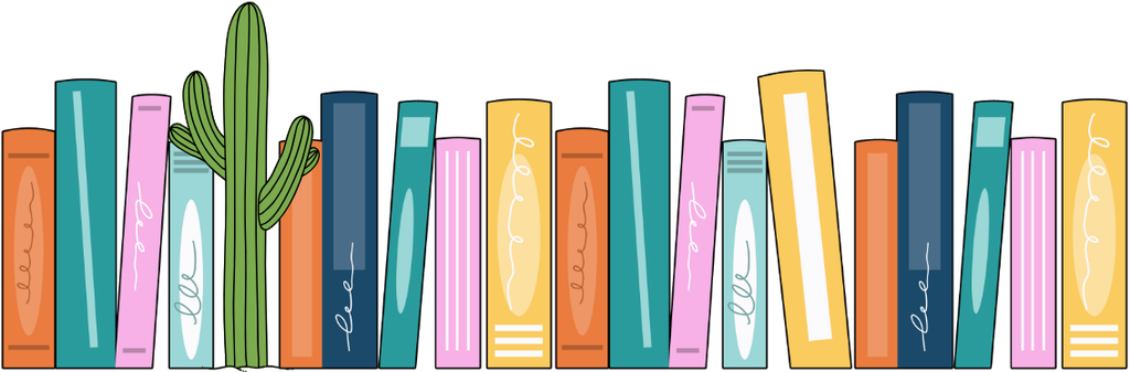 Colorful books lined up with a cactus in the center